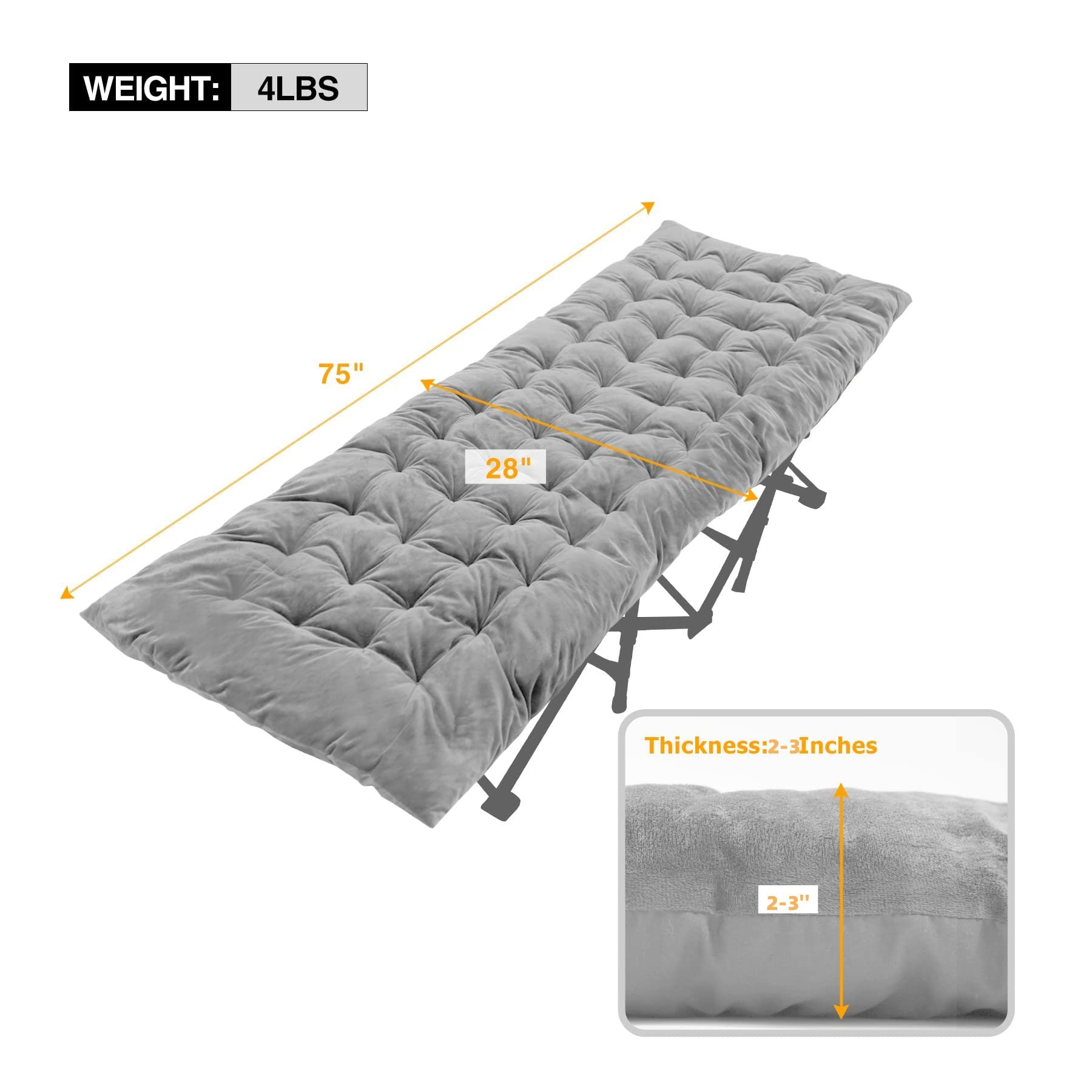 REDCAMP 3-inch grey cot pad demonstrates thick cushioning for outdoor use.