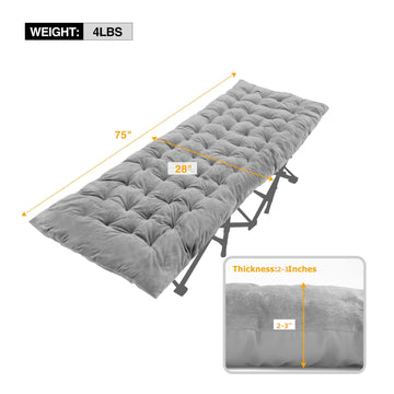 REDCAMP 3-inch grey cot pad demonstrates thick cushioning for outdoor use.