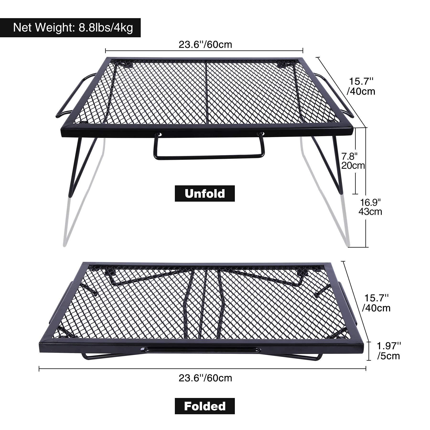 REDCAMP folding grill table side view showing portable open-flame setup.