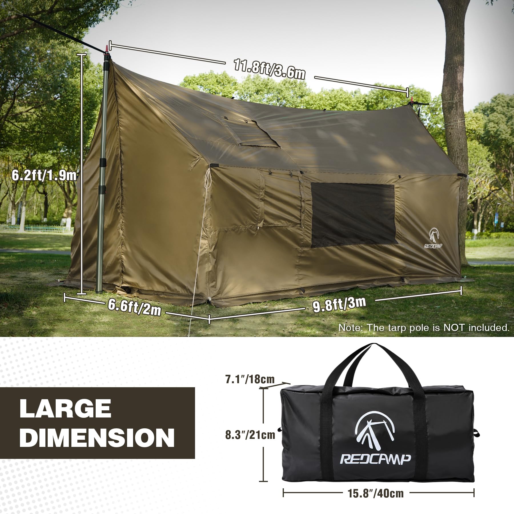 REDCAMP hammock hot tent exterior highlights windproof shell for harsh conditions
