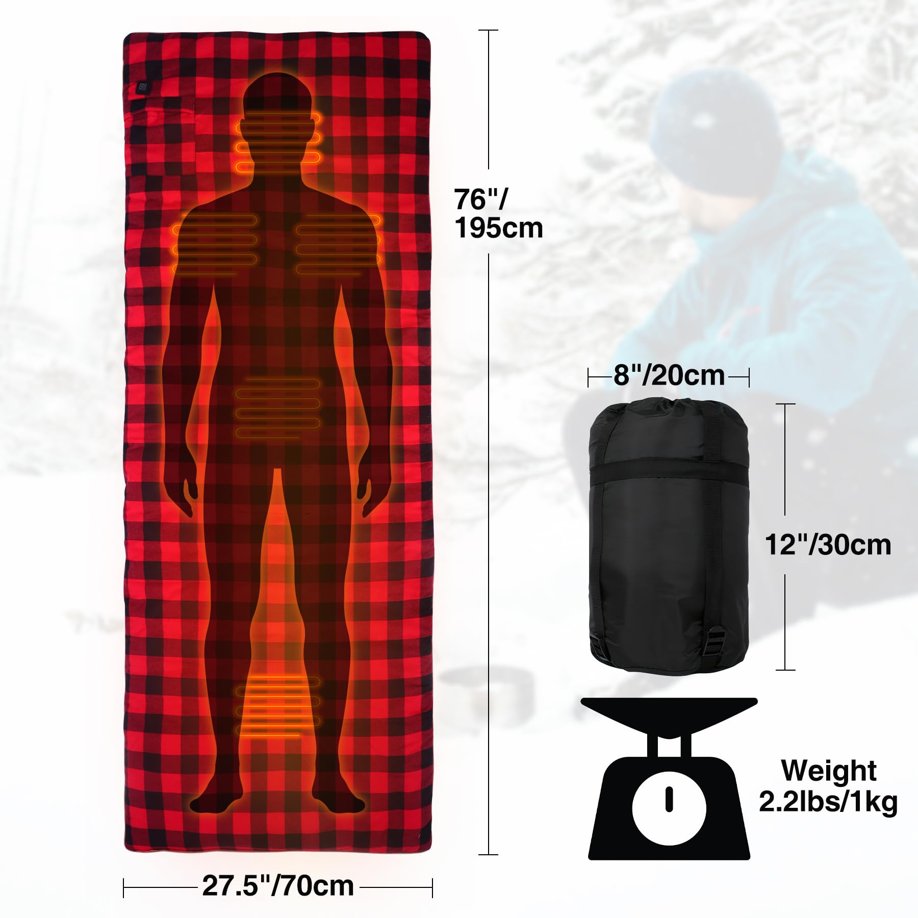 REDCAMP heated sleeping bag pad shows USB power connection for on the go warmth