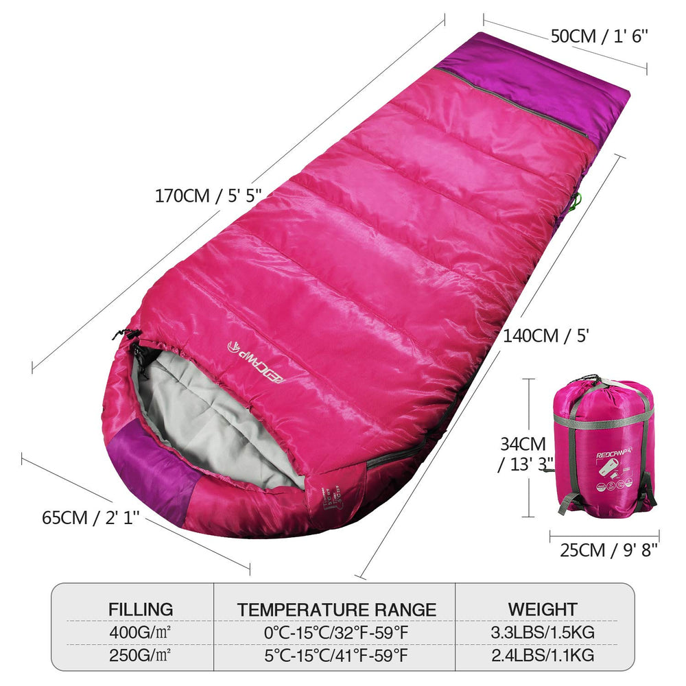 REDCAMP Kids Mummy Sleeping Bag pink inside soft liner for gentle sleep.