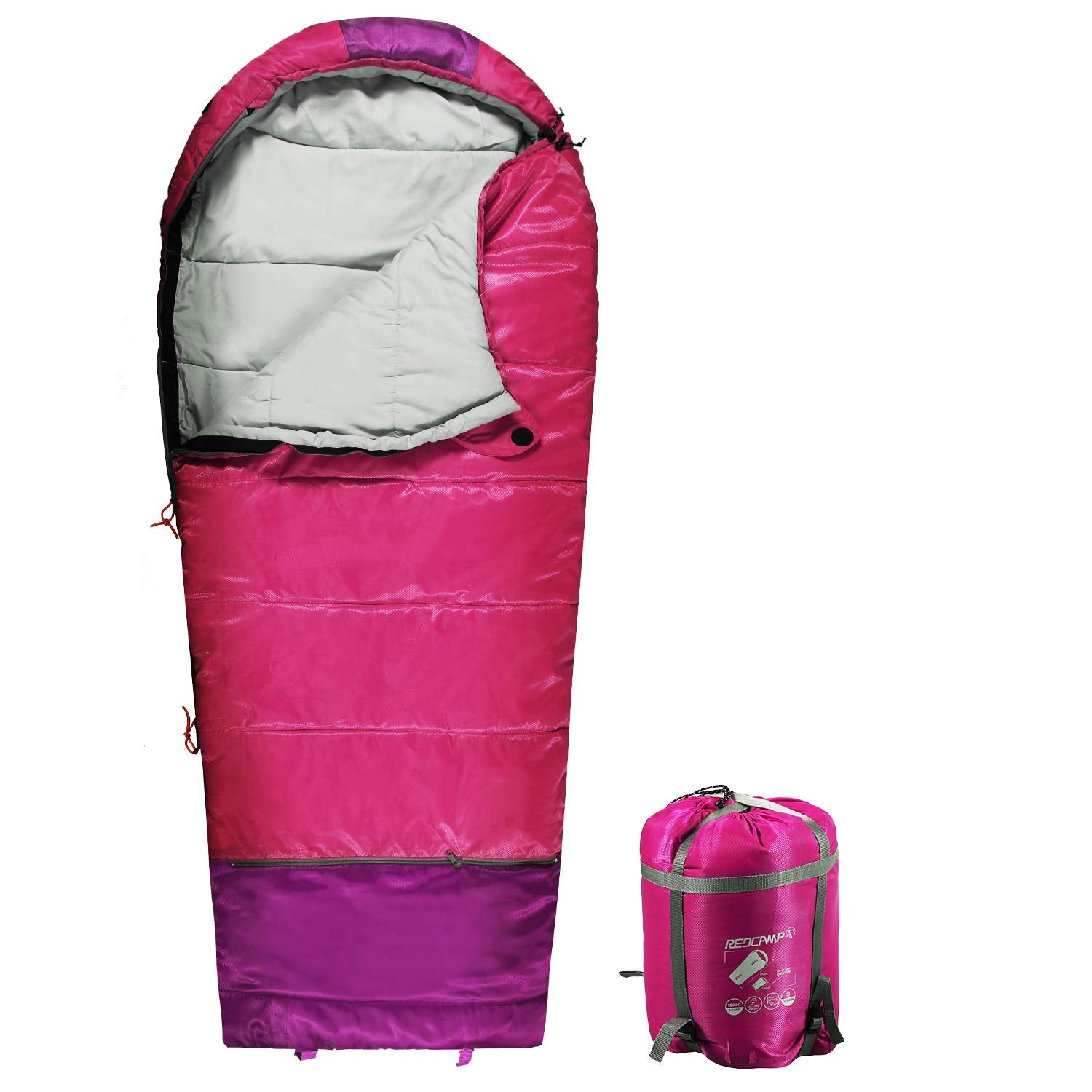 REDCAMP Kids Mummy Sleeping Bag pink fully assembled for cozy campouts.