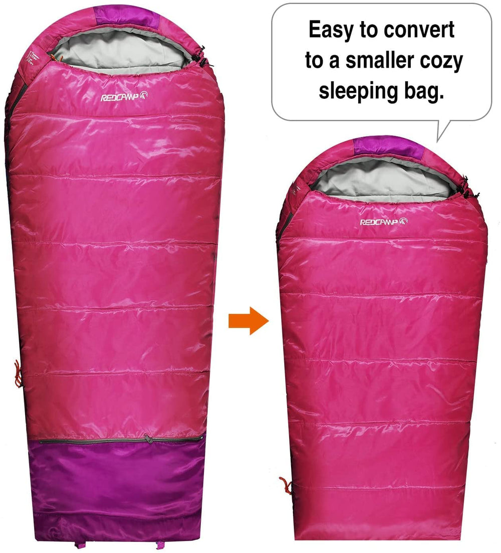 REDCAMP Kids Mummy Sleeping Bag pink open shows roomy interior