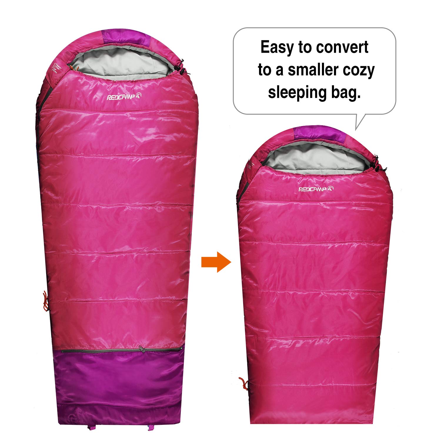 REDCAMP Kids Mummy Sleeping Bag pink rolled compact for easy travel.
