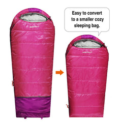 REDCAMP Kids Mummy Sleeping Bag pink rolled compact for easy travel.