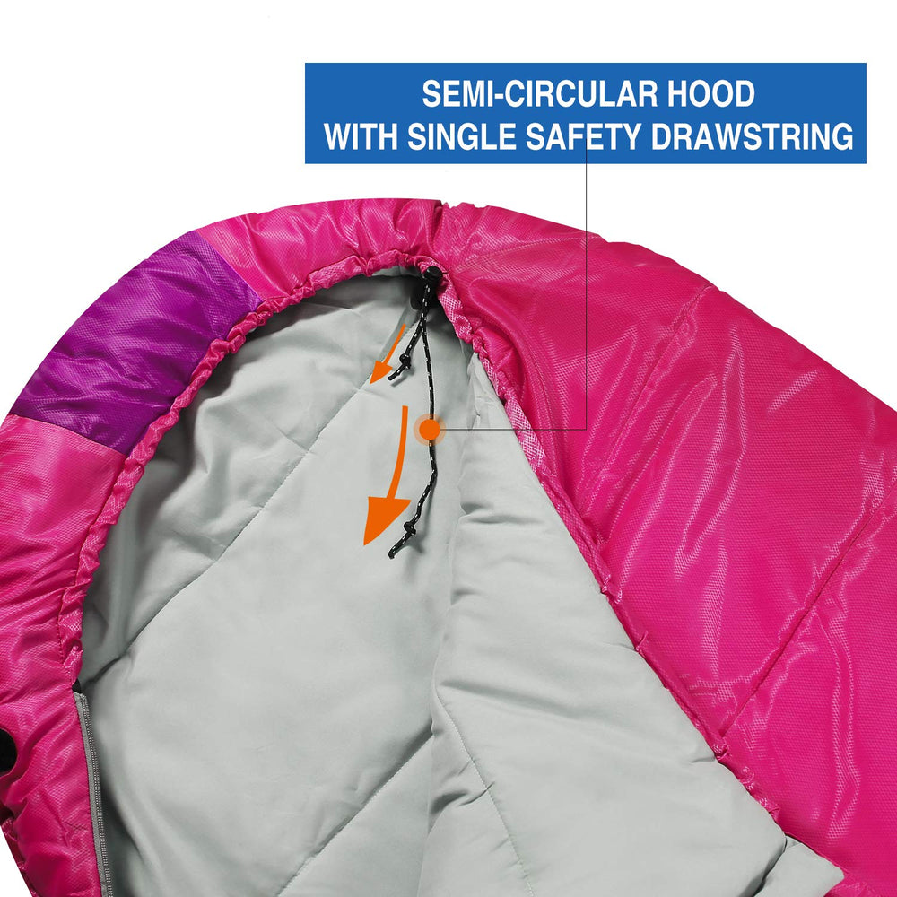 REDCAMP Kids Mummy Sleeping Bag pink storage bag with adjustable straps.