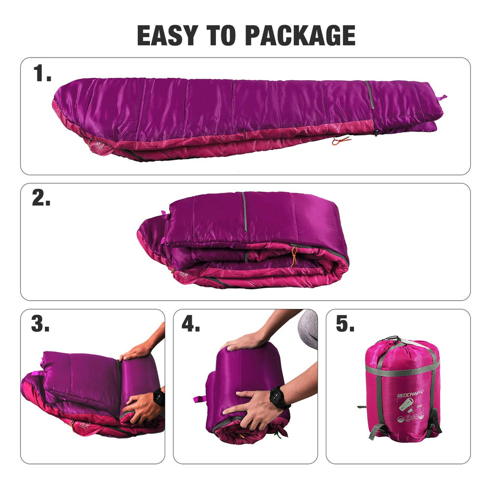 REDCAMP Kids Mummy Sleeping Bag pink temperature range 32-59°F for adaptable nights.