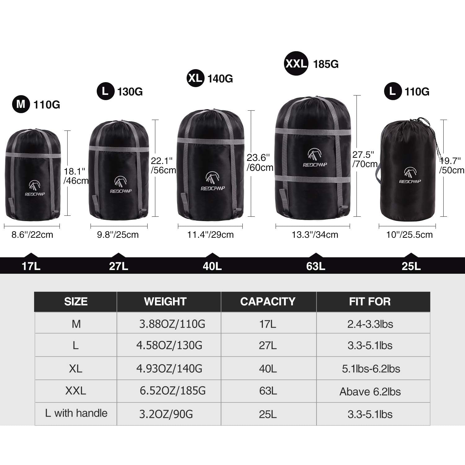 REDCAMP L sleeping bag stuff sack 210T material delivers durable outdoor protection.