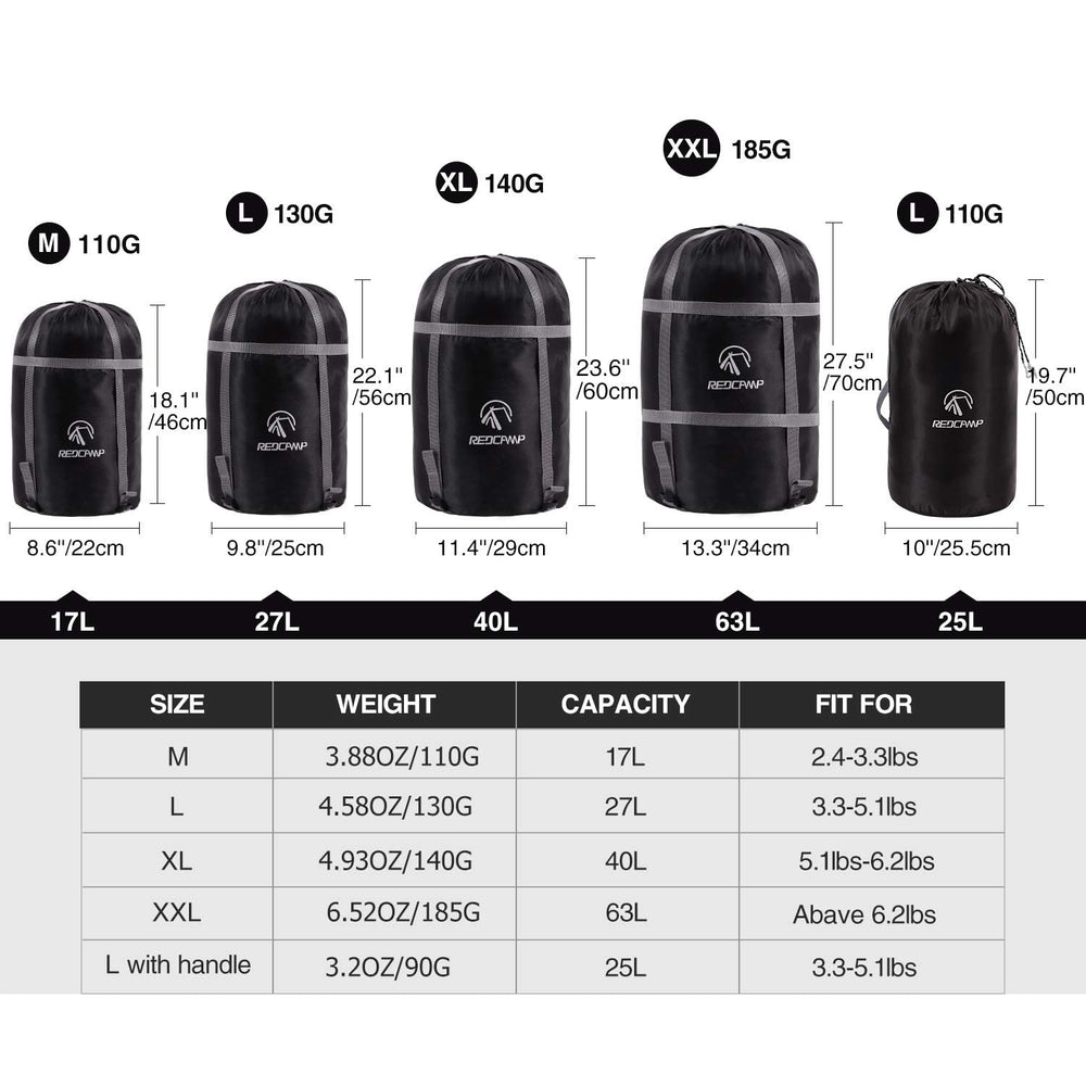 REDCAMP L sleeping bag stuff sack 210T material delivers durable outdoor protection.