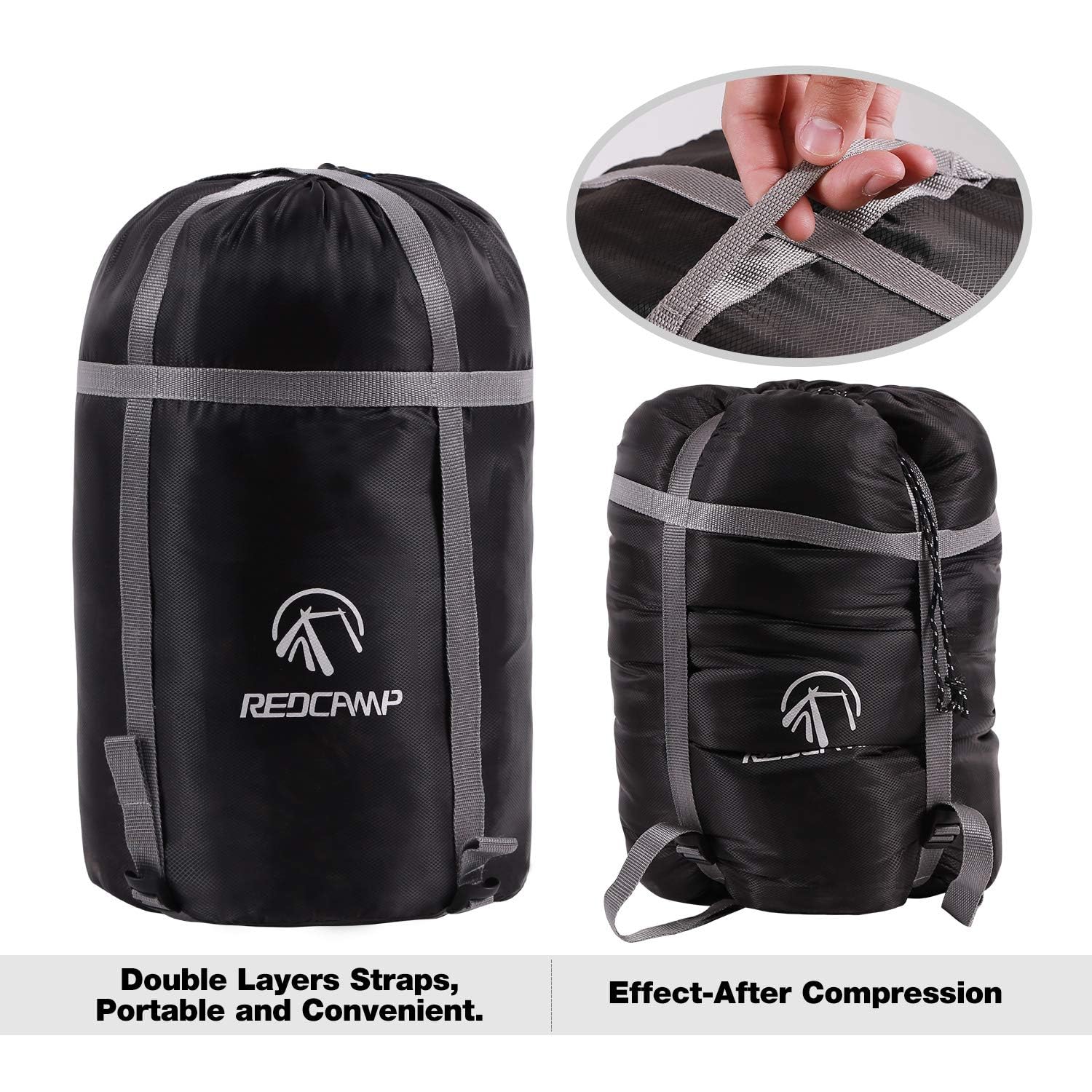 REDCAMP L sleeping bag stuff sack on backpack for easy trail transport.