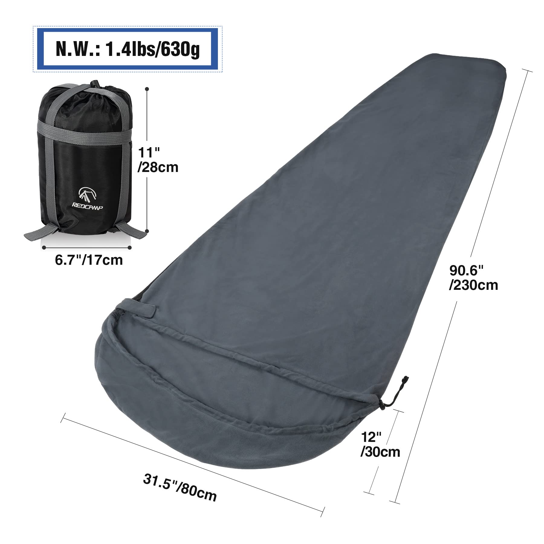 Redcamp mummy fleece liner with hood opened to show 90-inch length.
