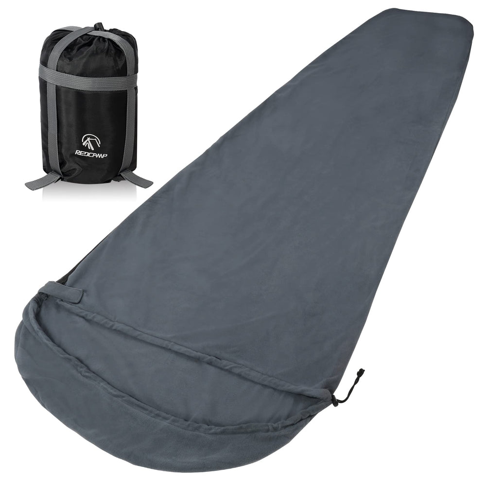Redcamp mummy fleece sleeping bag liner with hood for outdoor warmth.