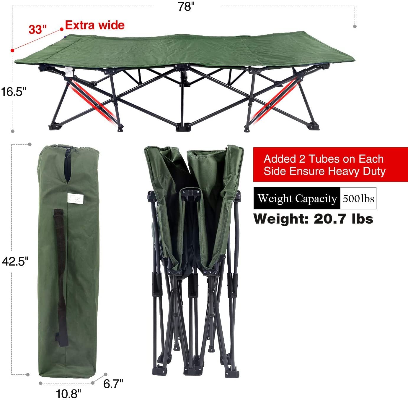 REDCAMP oversized cot green weight capacity highlights sturdy support