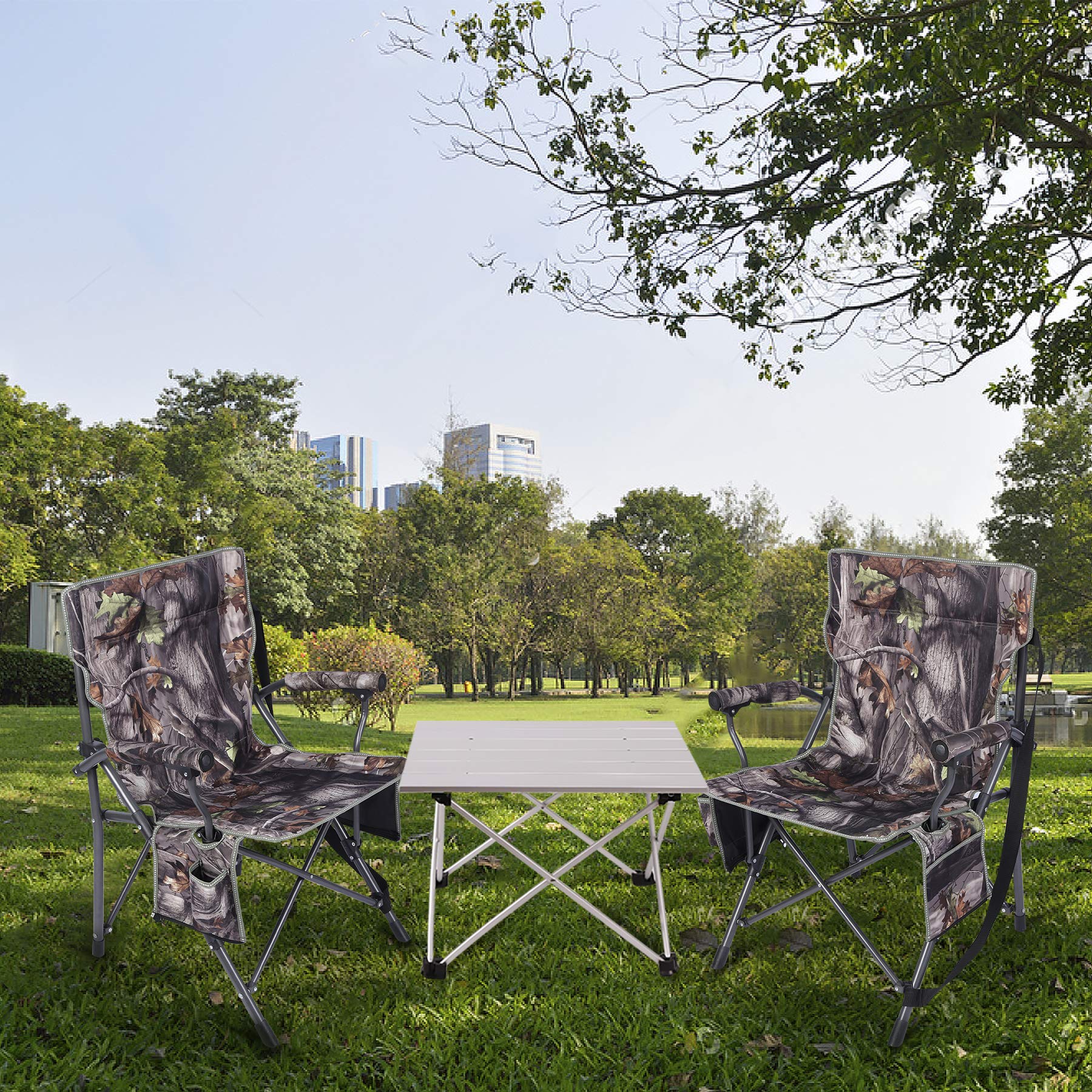 Redcamp camouflage chair close-up shows durable fabric and rugged construction