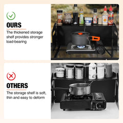 Redcamp 360-degree stove compatibility shows adjustable diameter for Jetboil, Coleman, and MSR.
