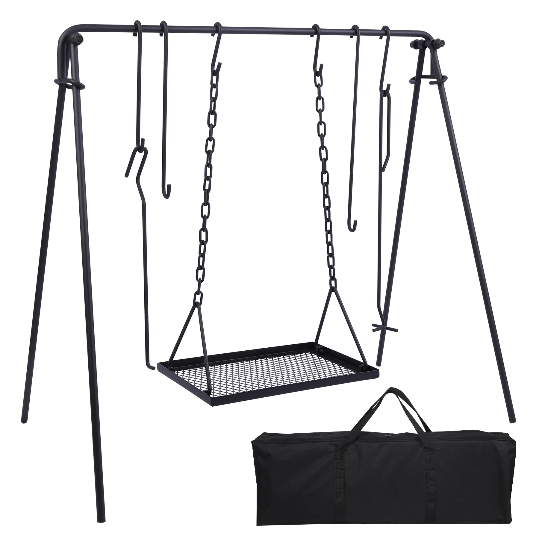 REDCAMP swing campfire grill stand shows collapsible design for easy transport and setup.