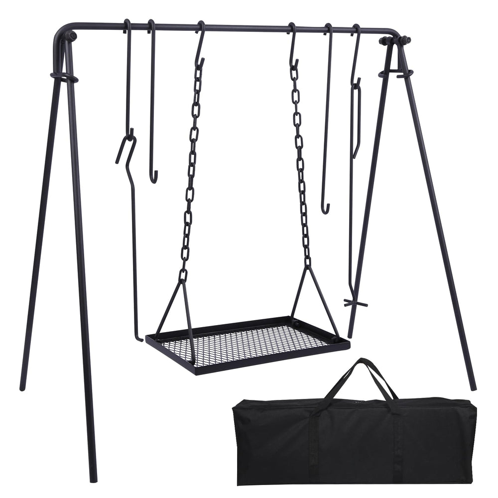 REDCAMP swing campfire grill stand shows collapsible design for easy transport and setup.