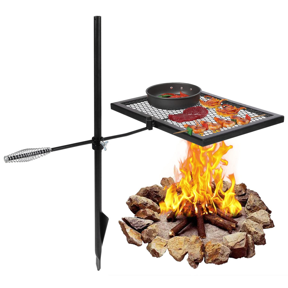 Redcamp swivel campfire grill top view highlights durable steel build for open-flame cooking.
