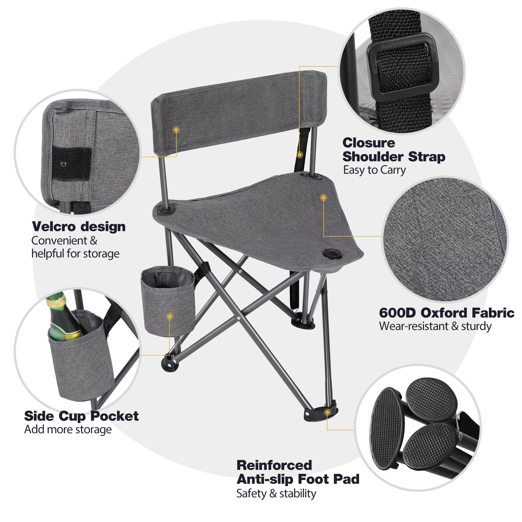 REDCAMP tripod chair anti-slip feet stabilize on uneven ground.
