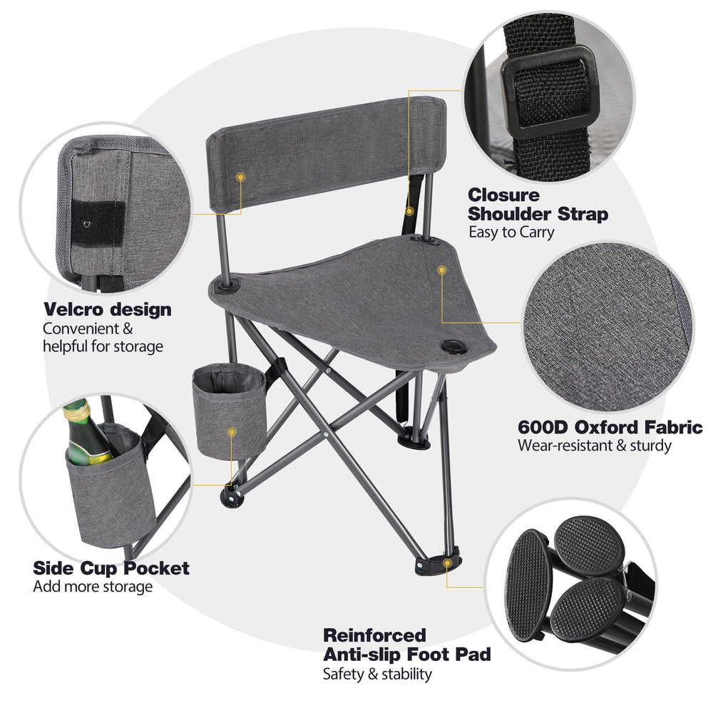 REDCAMP tripod chair anti-slip feet stabilize on uneven ground.