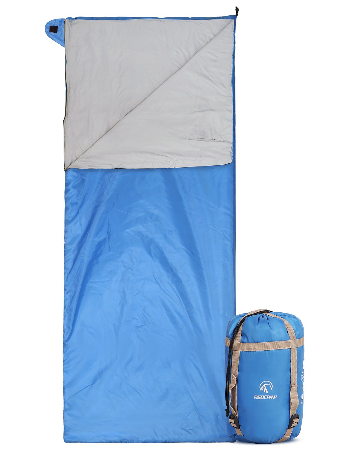 REDCAMP ultra-light sleeping bag blue folded for compact backpacking transport.