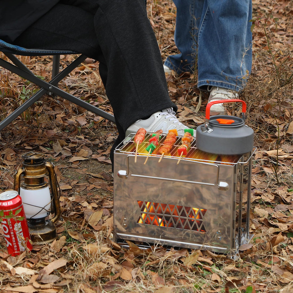 REDCAMP stove with grill net ready for outdoor grilling