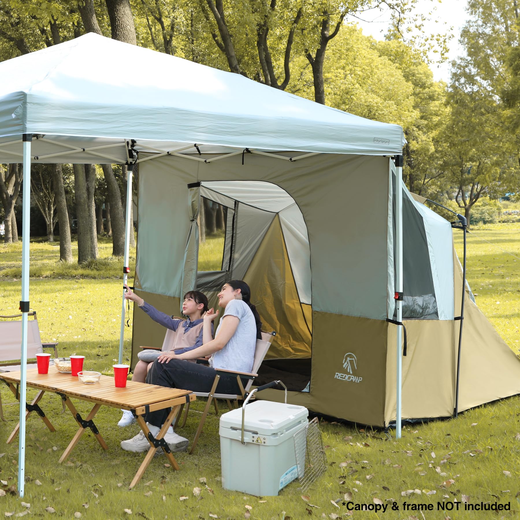 REDCAMP XL canopy side tent interior showing two adults fitting comfortably.