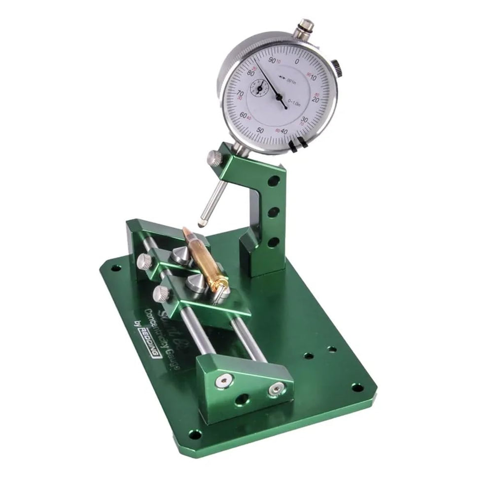 Redding Slant Bed Concentricity Gauge dial indicator closeup highlights precise measurement capability