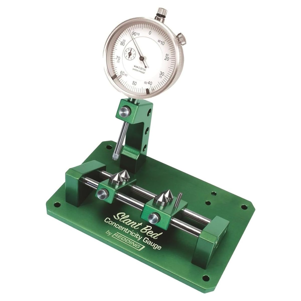 Redding Slant Bed Concentricity Gauge front view shows stable design for reliable case inspection