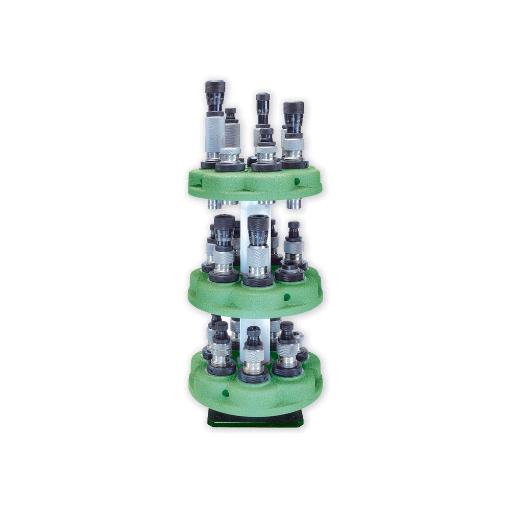 Redding Turret Stacker spindle with dies ready for quick access and protected components