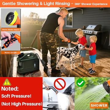 RedJuslink camping shower with detached battery ready for off-grid use