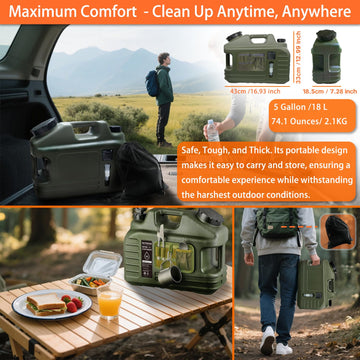 RedJuslink campsite setup shows portable shower in action on rugged outdoors