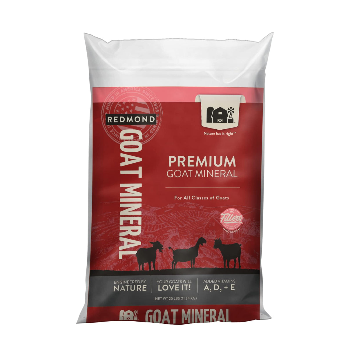 Redmond Goat Mineral bag front view, premium sea minerals for healthier goats.
