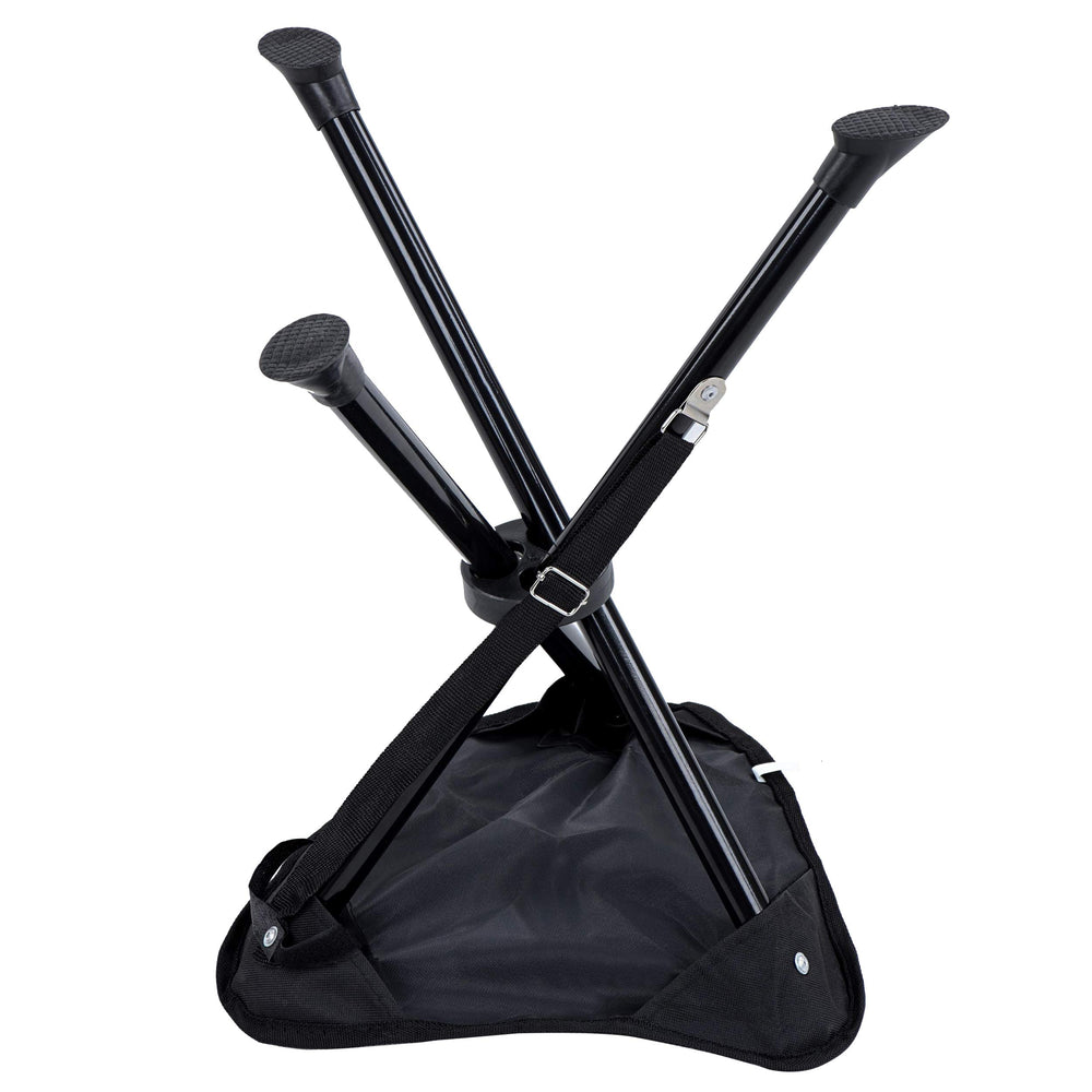 Redneck Convent RC folding tripod stool, compact folded form for easy transport.