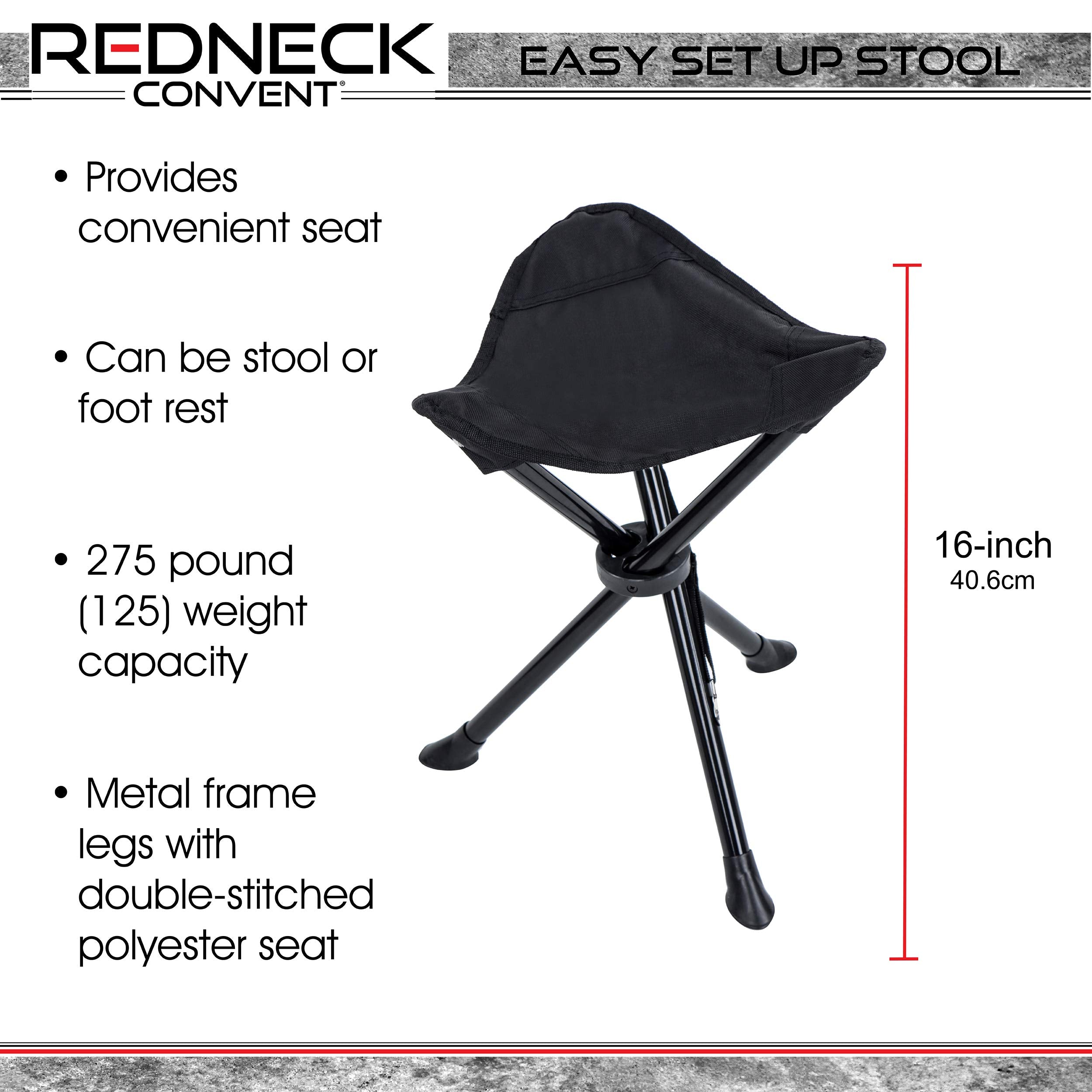 Redneck Convent RC folding tripod stool, front view, ideal for quick outdoor rests.