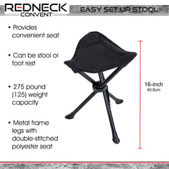 Redneck Convent RC folding tripod stool, front view, ideal for quick outdoor rests.