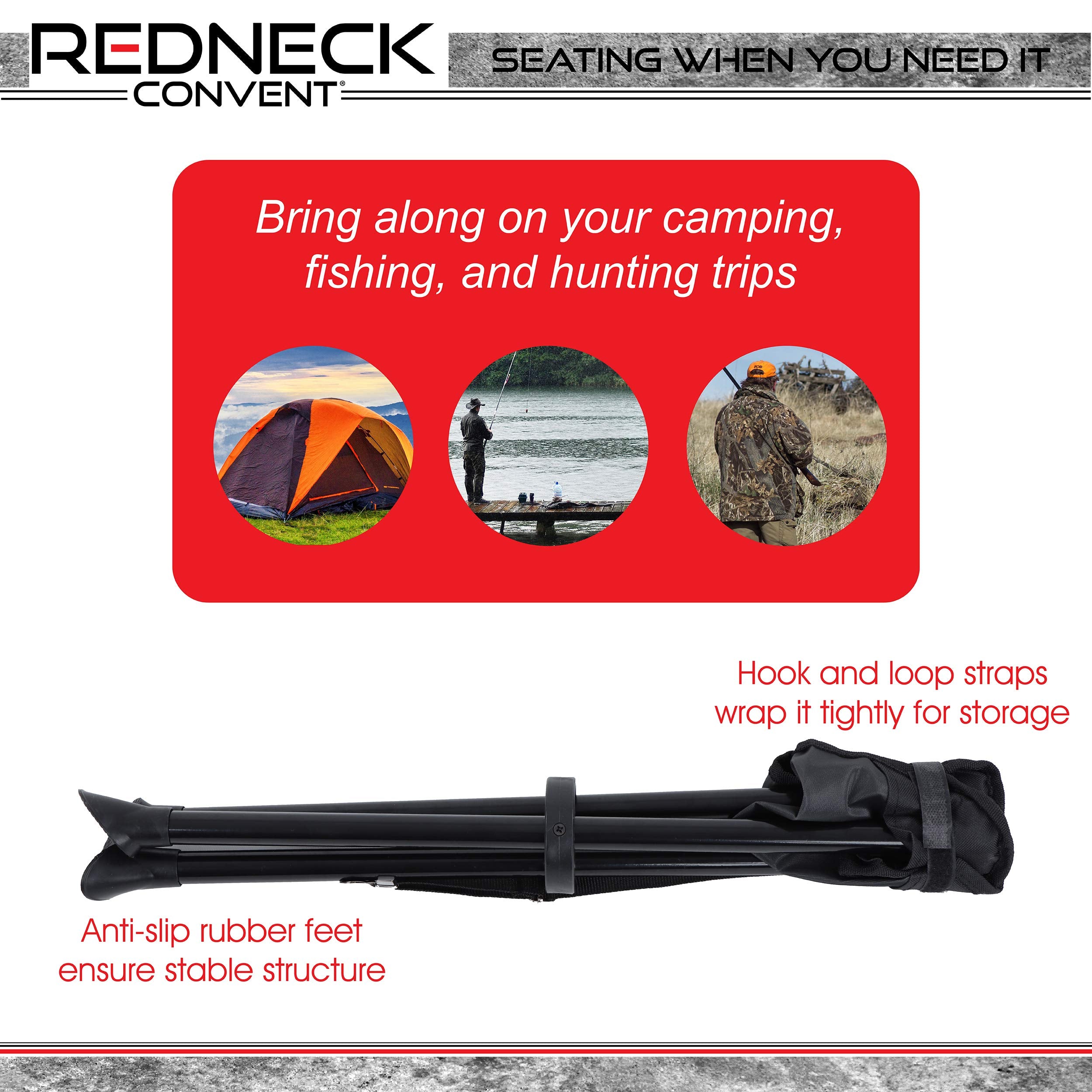 Redneck Convent RC folding tripod stool metal frame detail shows durability.