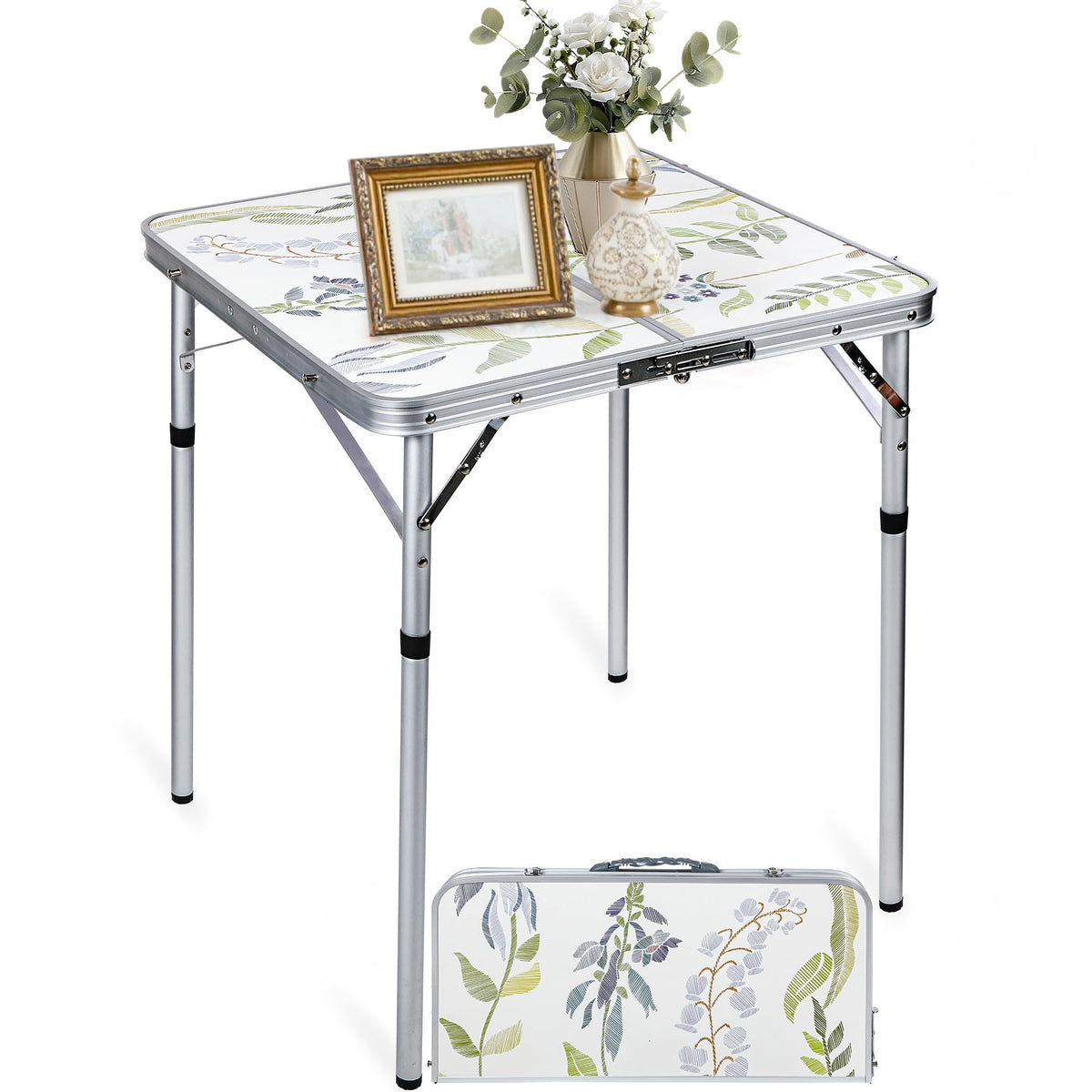 RedSwing 2ft square table folded with carry handle for easy transport.