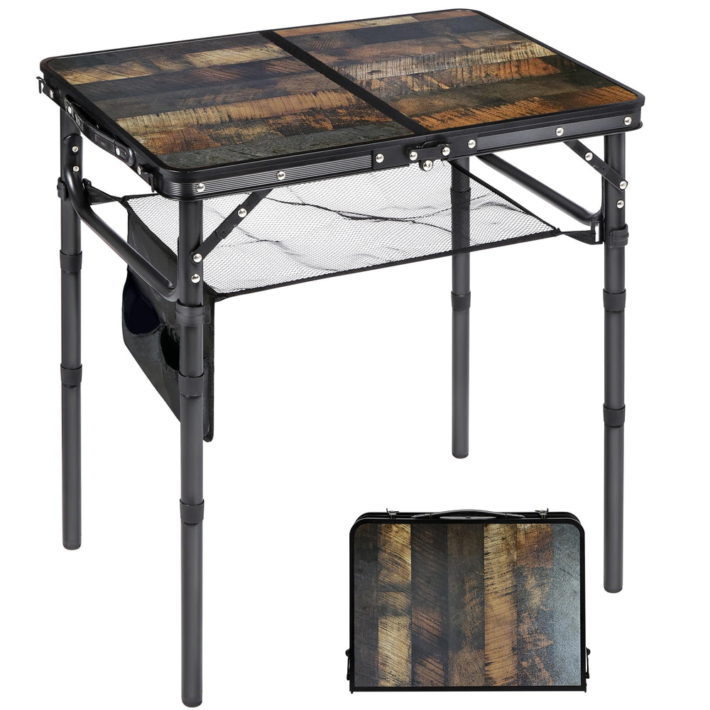 RedSwing small folding table with side pocket in brown wood grain, portable for outdoor picnics.