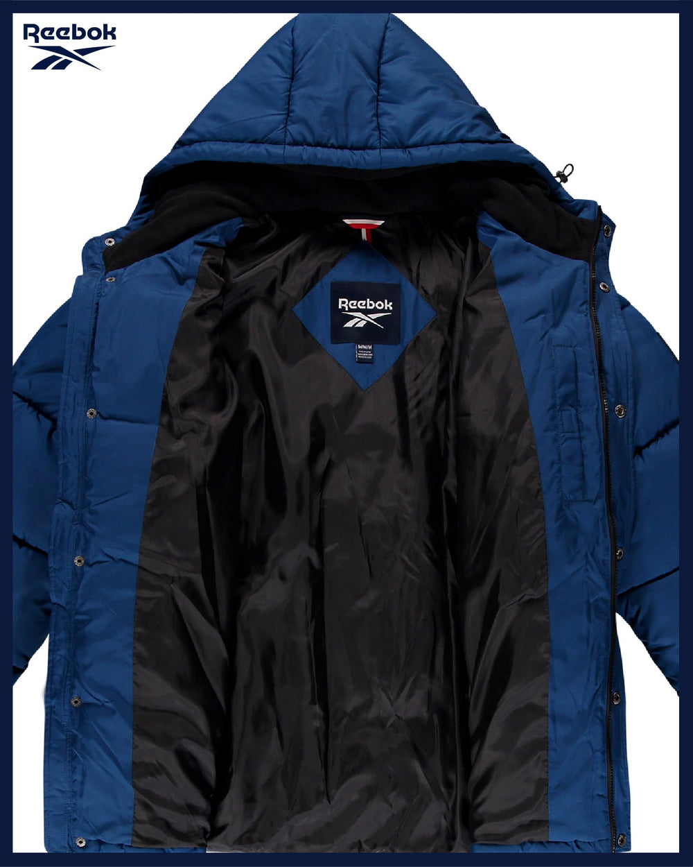 Reebok mens winter jacket hood in protective setup
