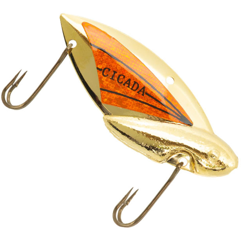 REEF Reef Runner Cicada Lure in gold/orange for vibration and flutter action.