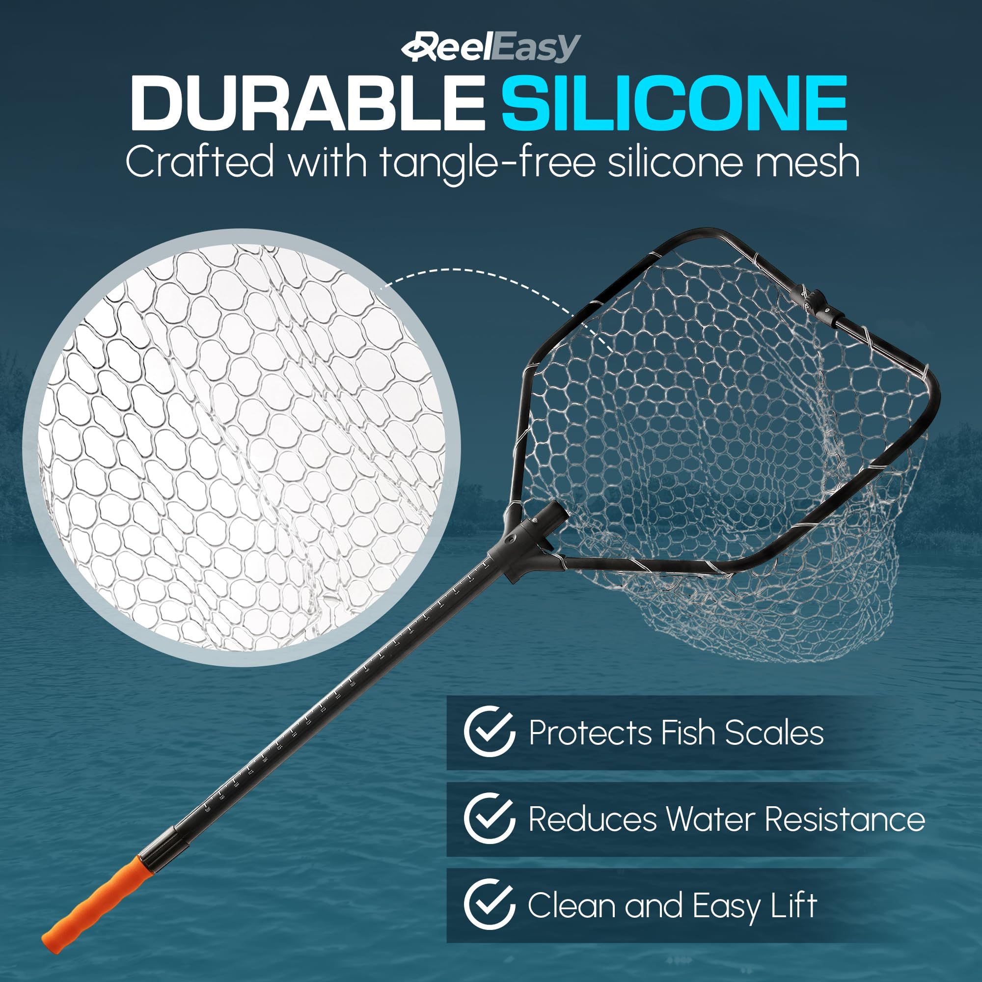 Close-up of silicone fish-friendly mesh on ReelEasy landing net