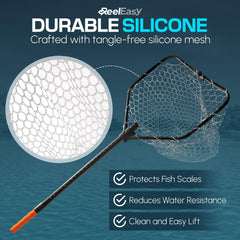 Close-up of silicone fish-friendly mesh on ReelEasy landing net