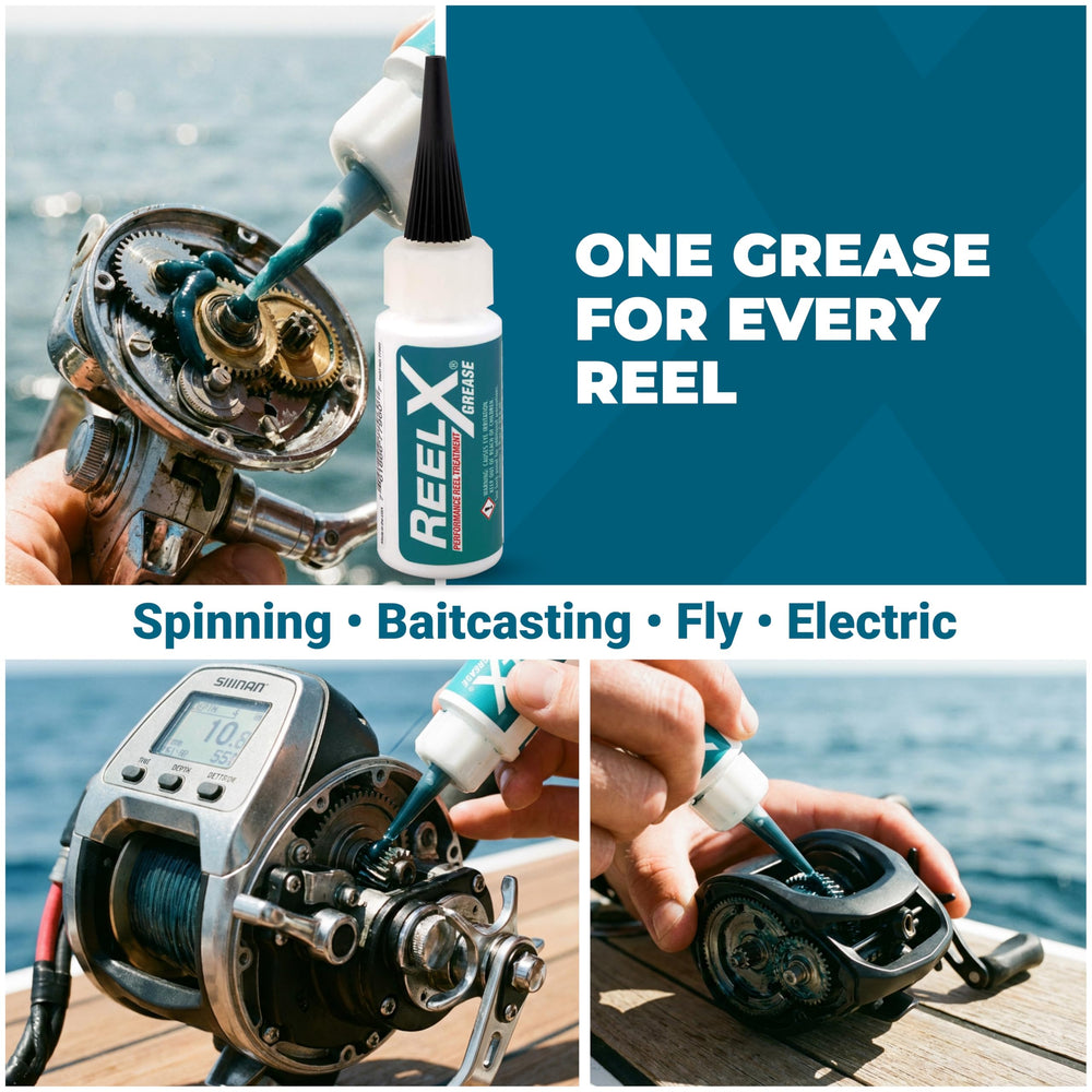 ReelX Grease safe for plastics and PTFE in reel internals.