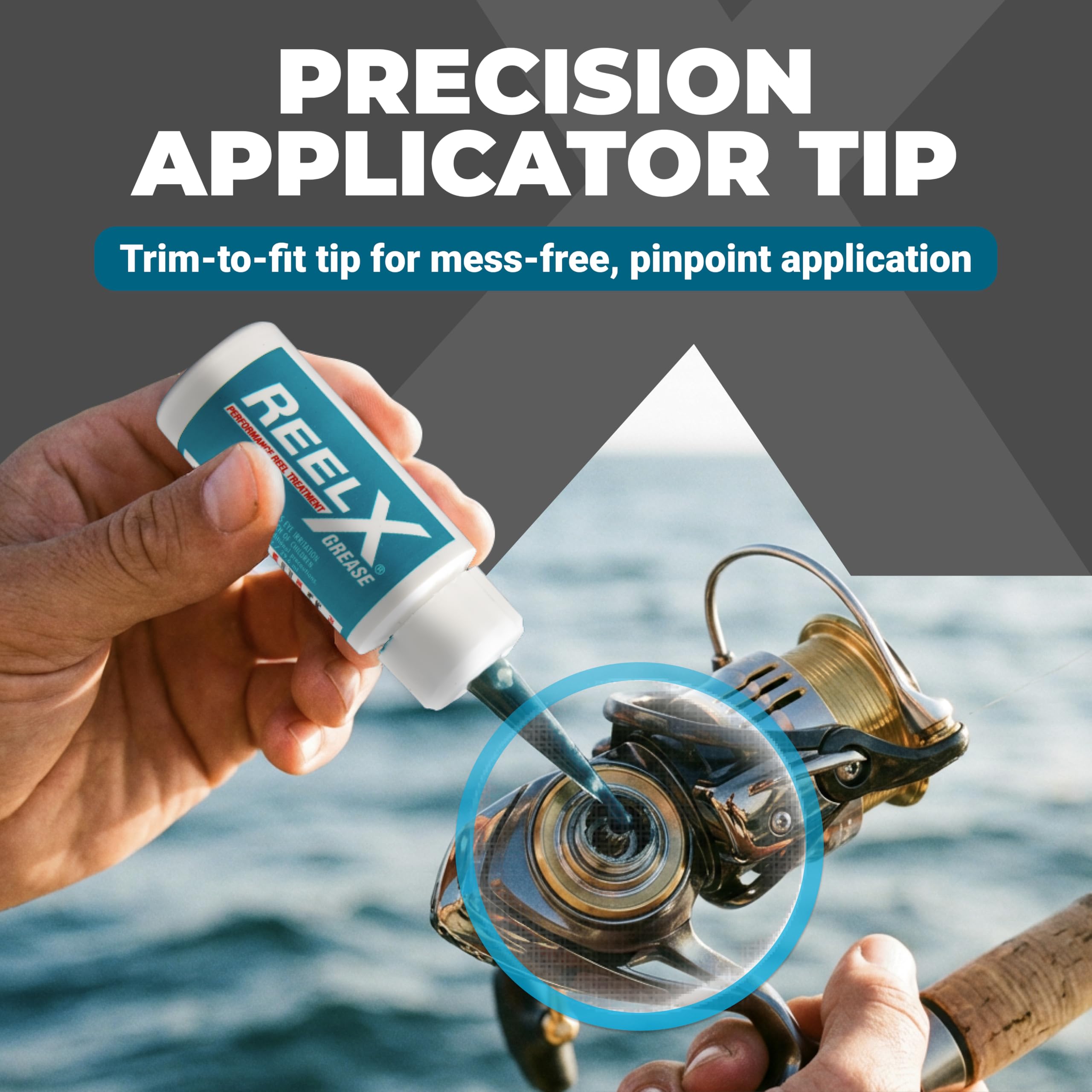 ReelX Grease on spinning reel mechanism, supporting reliable performance.