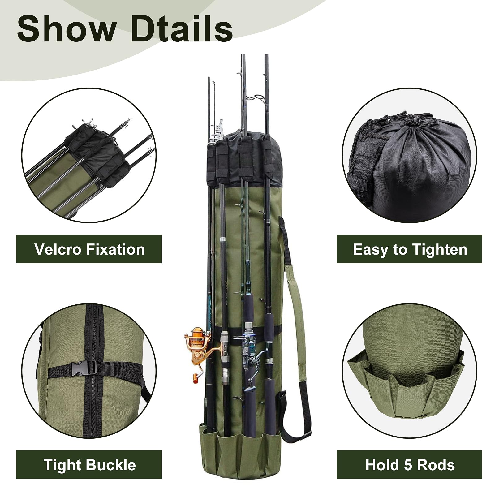 Exterior close-up of ReeMoo bag with five external rod and reel pockets and Velcro straps