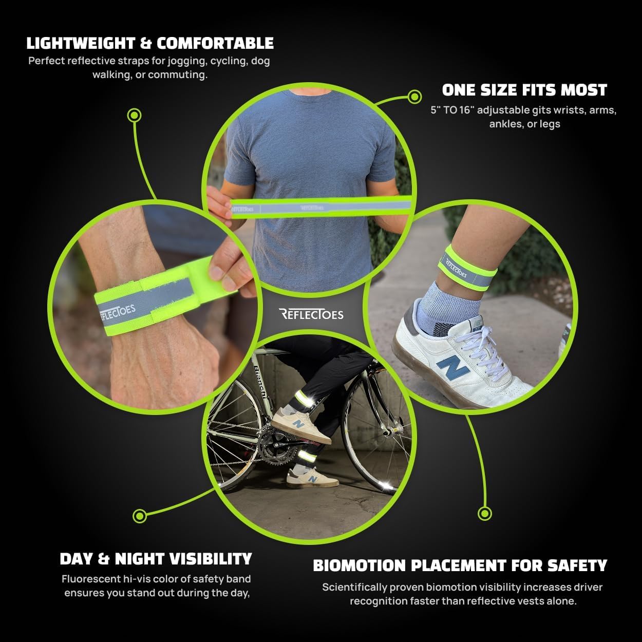 ReflecToes reflective band close-up highlights secure hook-and-loop closure.