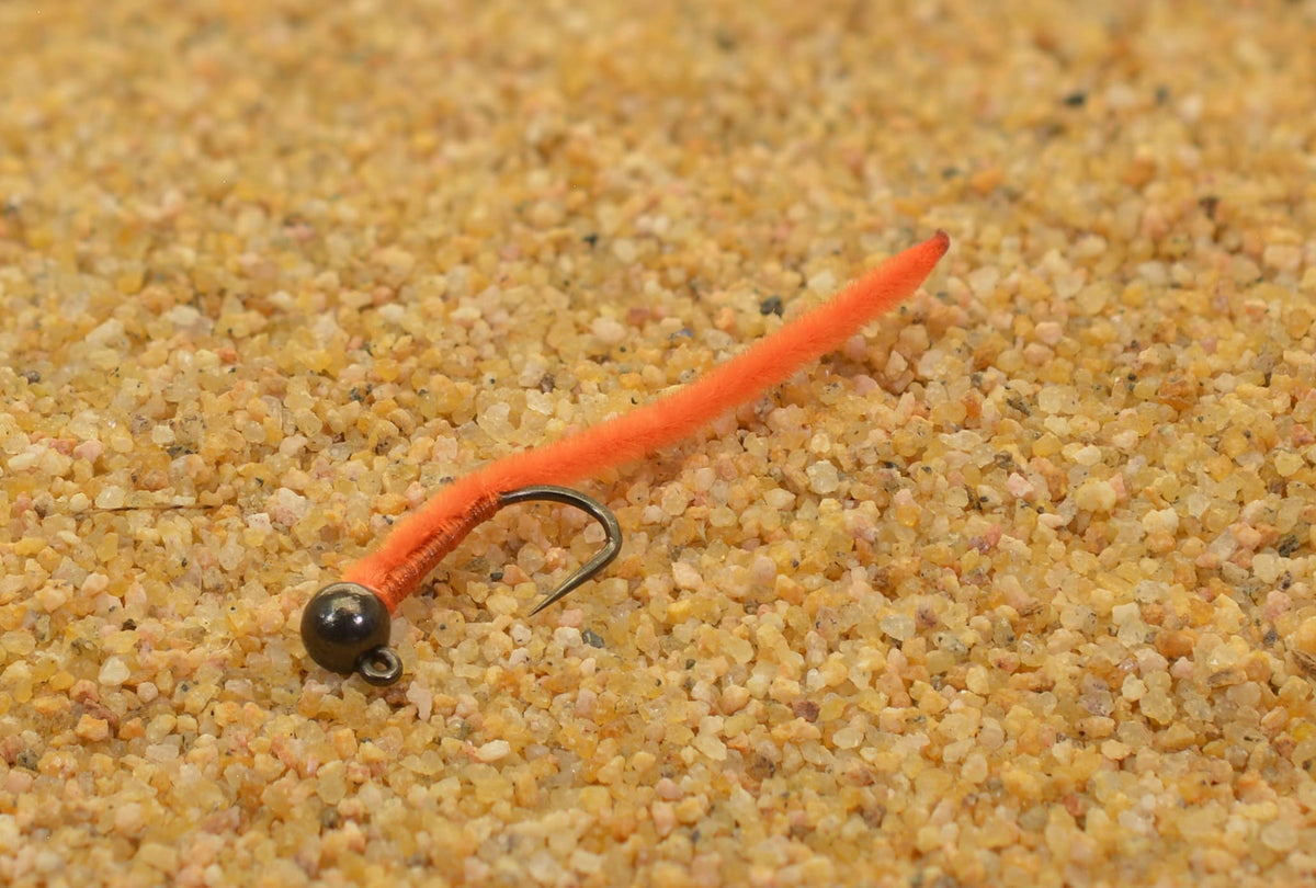 Region Fishing 6-flies orange San Juan Worm Jig Head, optimized for quick feeding-lane hits