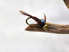 Region Fishing bead head flash back pheasant tail nymph side view shows durable Mustad hook and reliable performance